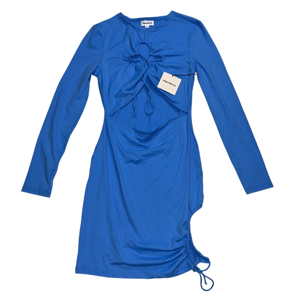 Revolve Superdown Mini Dress Size S Blue Long Sleeve Tie Bodice Cut-Out NWT NEW